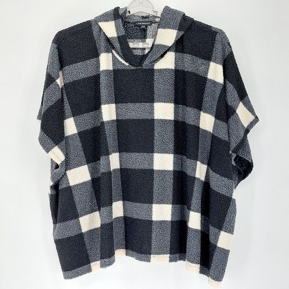 Lane Bryant Poncho Sz 18/20 Hooded Black Cream Checkered Lagenlook Cottagecore